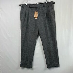 PJ Paul Jones Pants Men XL Grey Herringbone Pleated Cuffed Trousers Dressy NEW